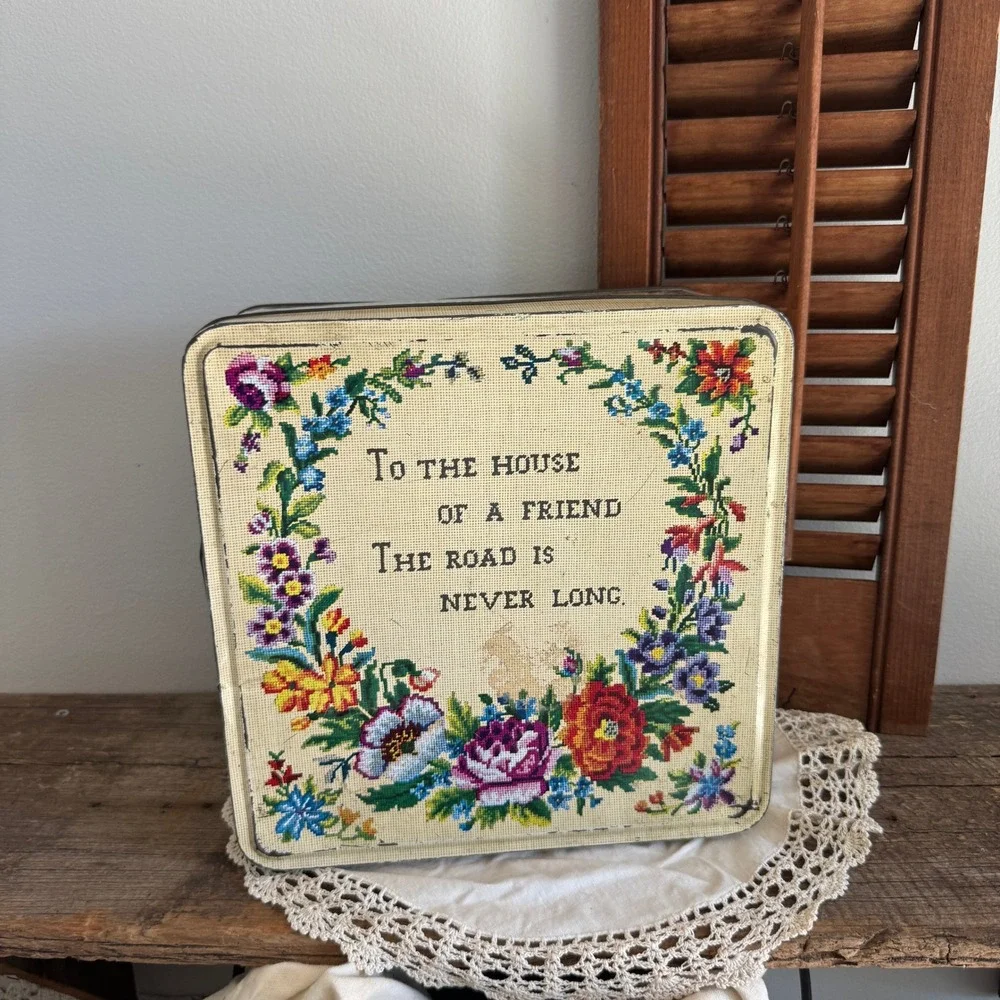 Vintage Carrs of Carlisle England Metal Tin Monday Child Needlepoint Design